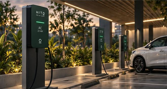 Cargadores AC de pedestal HITO bajo una pérgola
